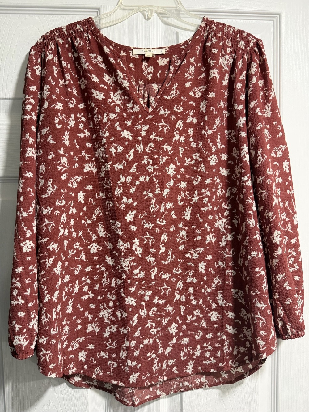 fun 2 fun Rust Red Floral Long-Sleeve V-Neck Blouse